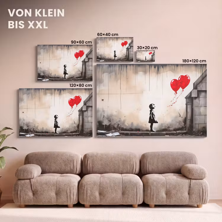 Leinwandbild - Kunst - Mädchen - Luftballons - Herz - Grau — 6
