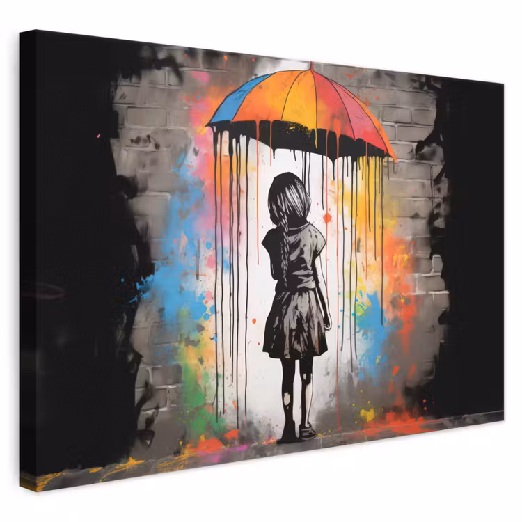 Leinwandbild - Mädchen - Kunst - Regenschirm - Graffiti - Farben - Wand — 1