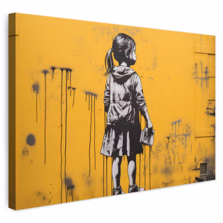 Leinwandbild - Mädchen - Buch - Gelbe Wand - Graffiti — 1