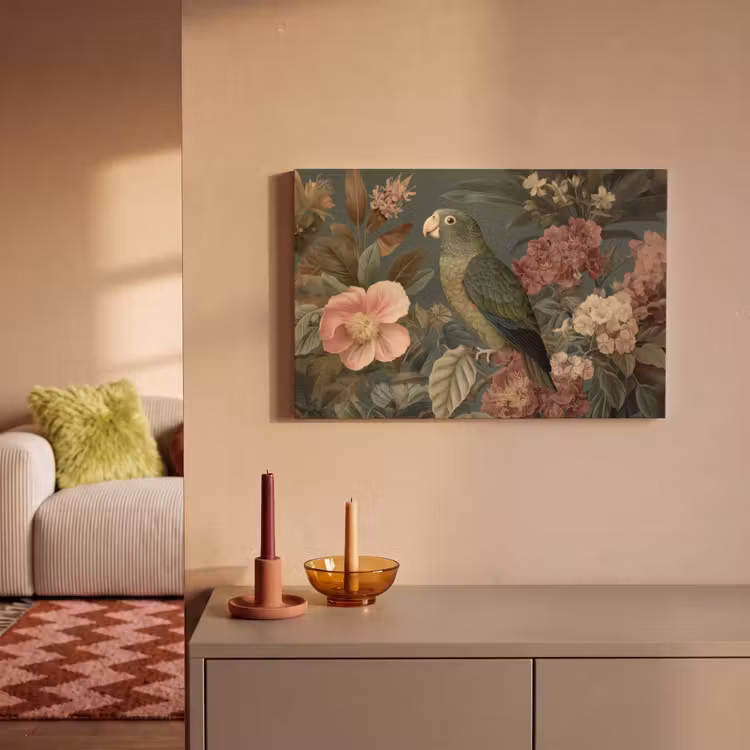 Leinwandbild - Grüner Papagei - Bunte Blumen - Dunkler Hintergrund — 2