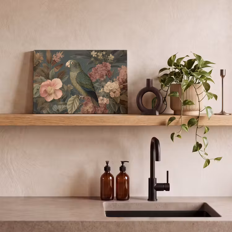 Leinwandbild - Grüner Papagei - Bunte Blumen - Dunkler Hintergrund — 3