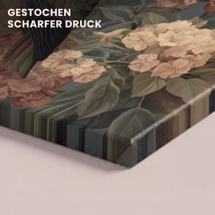 Leinwandbild - Grüner Papagei - Bunte Blumen - Dunkler Hintergrund — 4