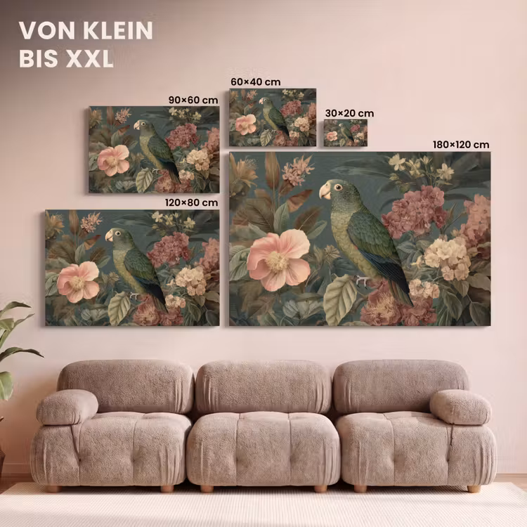 Leinwandbild - Grüner Papagei - Bunte Blumen - Dunkler Hintergrund — 6