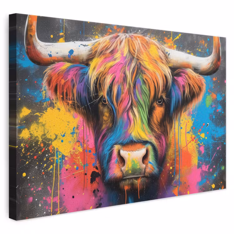 Leinwandbild - Graffiti - Schottische Highlander - Kuh - Bunt — 1