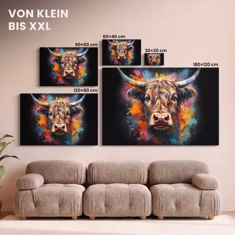 Leinwandbild - Graffiti - Schottischer Highlander - Schwarz - Kuh — 6
