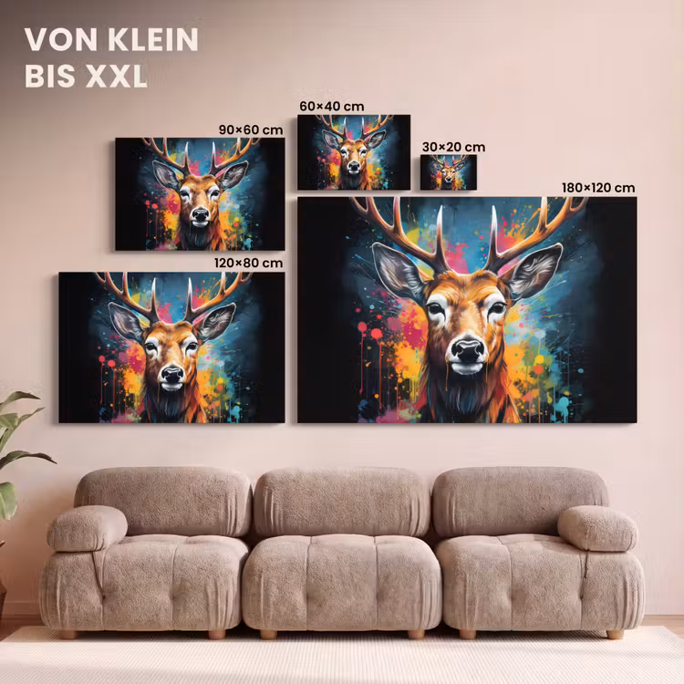 Leinwandbild - Hirsche - Graffiti - Tiere - Farben — 6