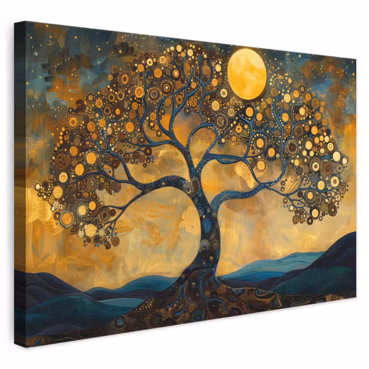 Leinwandbild - Baum - Mond - Blumen - Gold - Kunst — 1