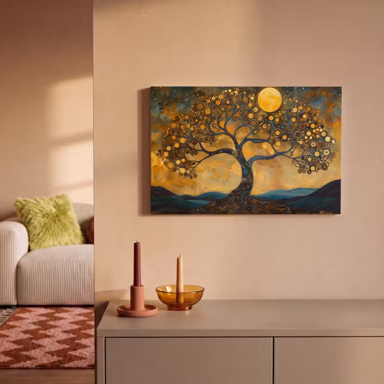 Leinwandbild - Baum - Mond - Blumen - Gold - Kunst — 2