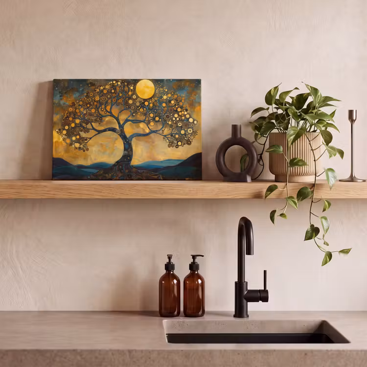 Leinwandbild - Baum - Mond - Blumen - Gold - Kunst — 3