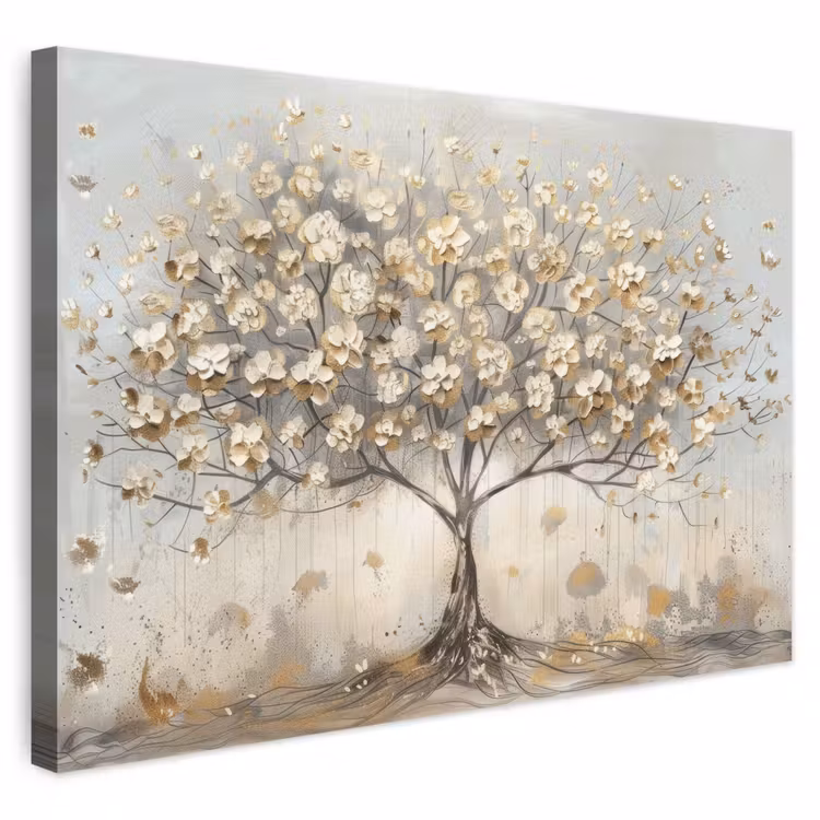 Leinwandbild - Baum - Beige - Gold - Lackoptik - Grau — 1