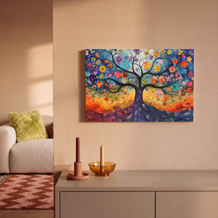 Leinwandbild - Kunst - Baum des Lebens - Blumen - Hippie — 2