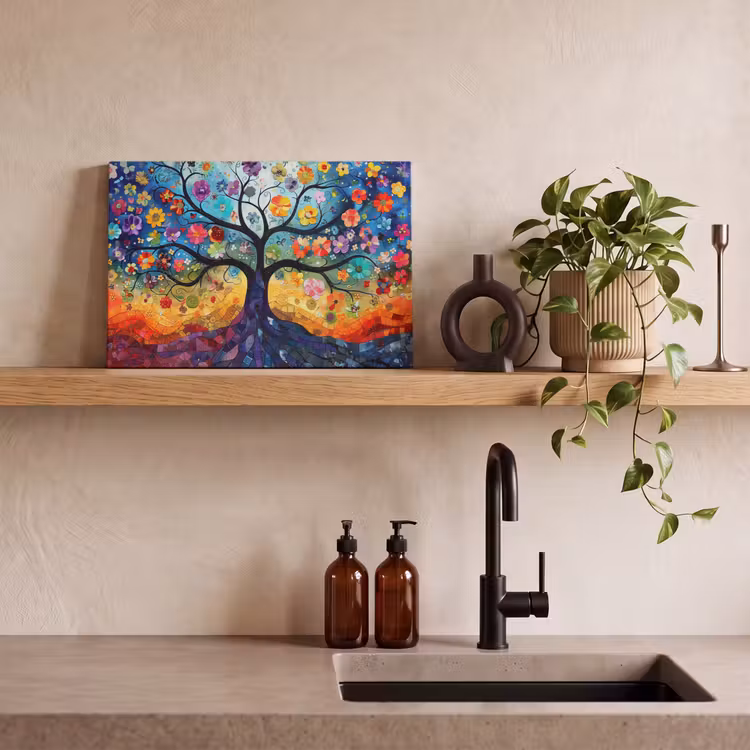Leinwandbild - Kunst - Baum des Lebens - Blumen - Hippie — 3