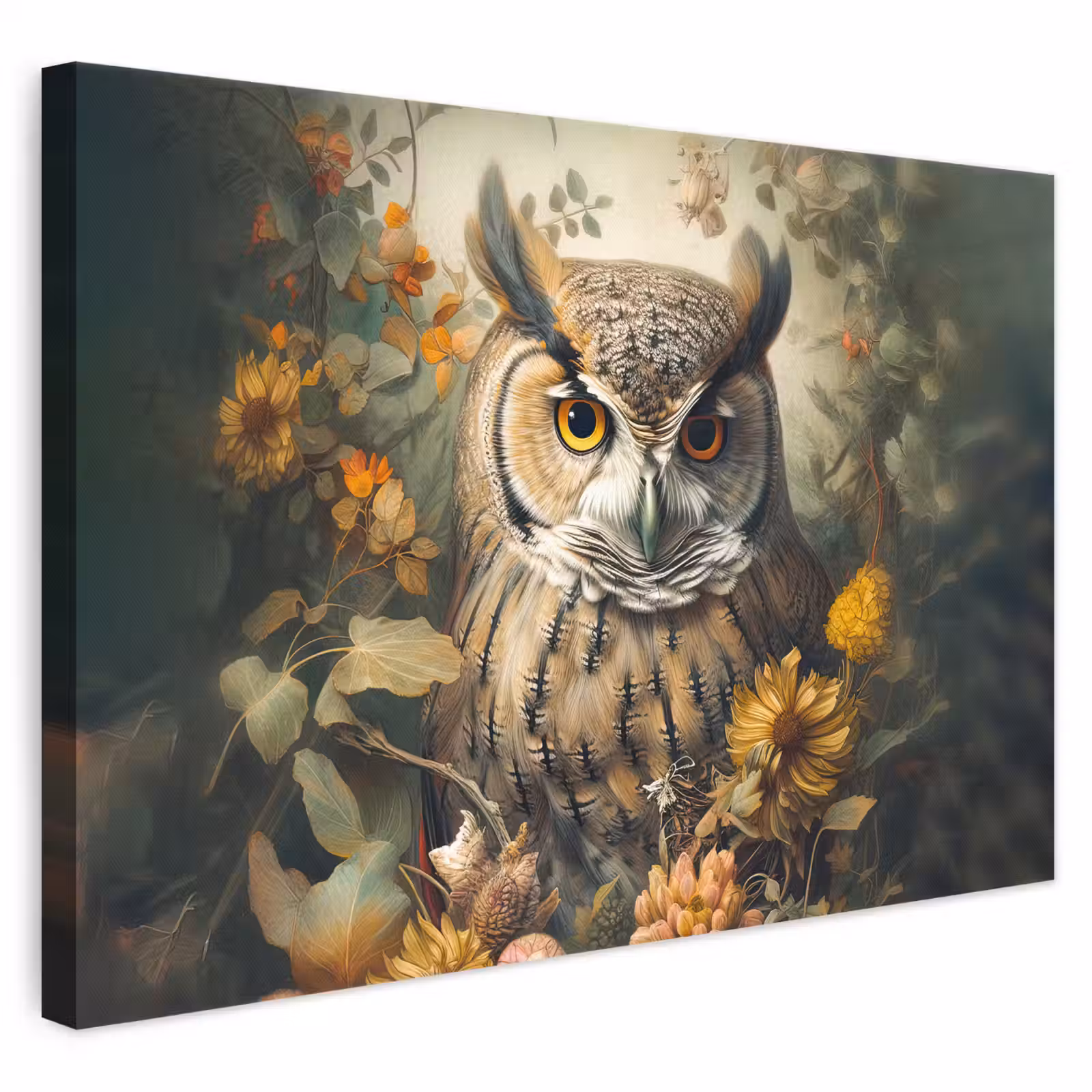 Leinwandbild - Eule - Vögel - Blumen - Natur — 1