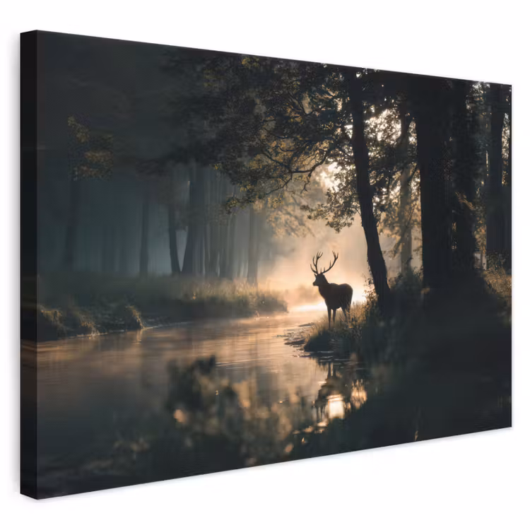 Leinwandbild - Hirsche - Waldbach - Mystisch — 1