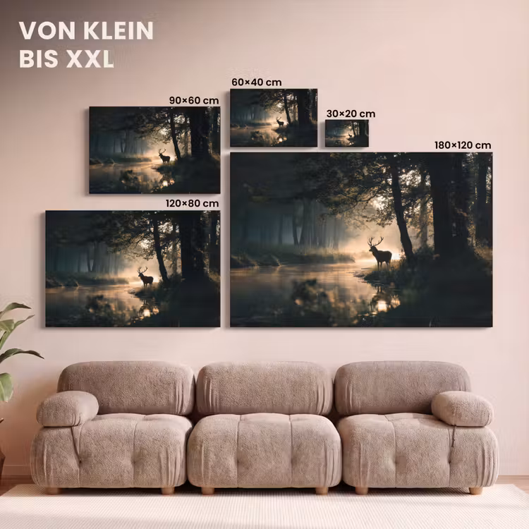 Leinwandbild - Hirsche - Waldbach - Mystisch — 6