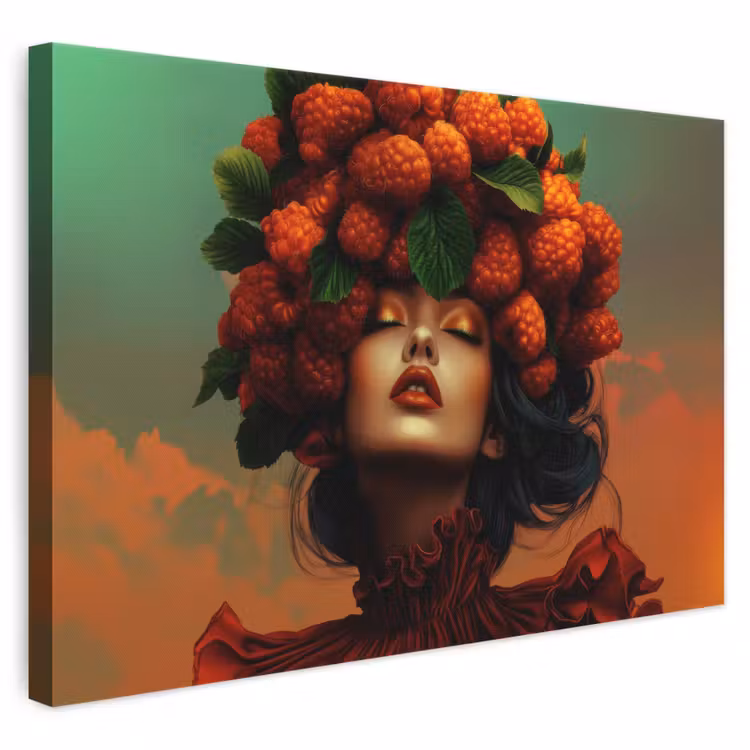 Leinwandbild - Frau - Himbeeren - Blätter — 1
