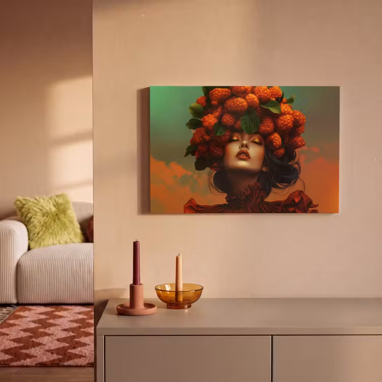 Leinwandbild - Frau - Himbeeren - Blätter — 2