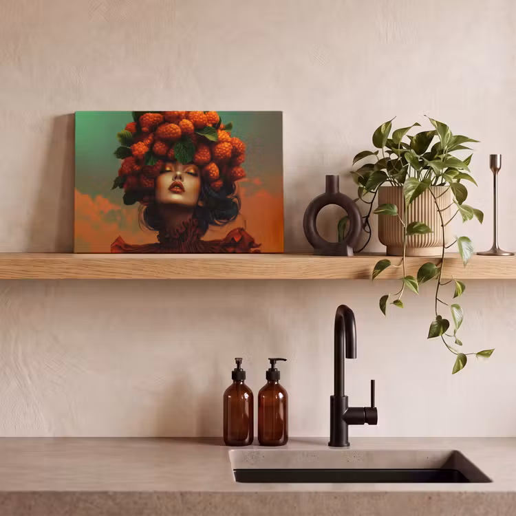 Leinwandbild - Frau - Himbeeren - Blätter — 3