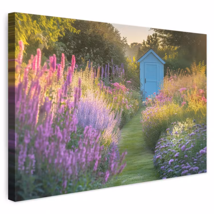 Leinwandbild - Gartenhaus - Blau - Blumen — 1