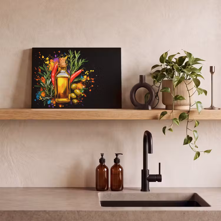 Leinwandbild - Olivenöl - Graffiti - Pfeffer - Oliven - Modern — 3