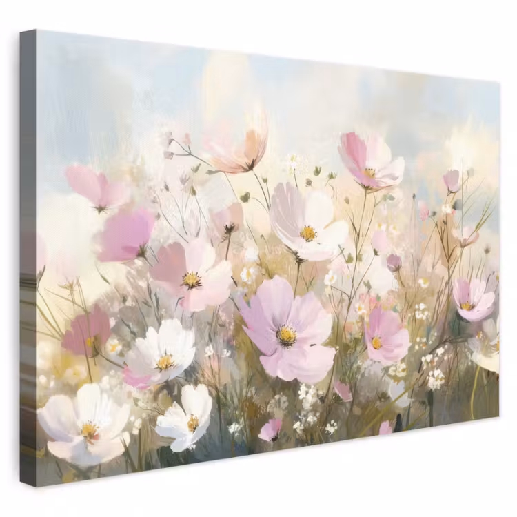 Leinwandbild - Blumenfeld - Helle Farbtöne - Gemalt — 1