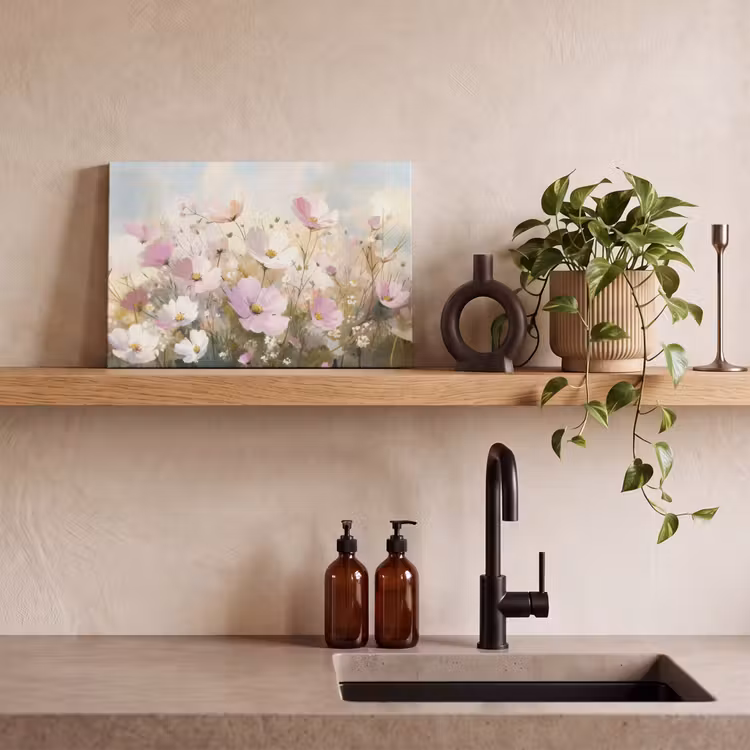 Leinwandbild - Blumenfeld - Helle Farbtöne - Gemalt — 3