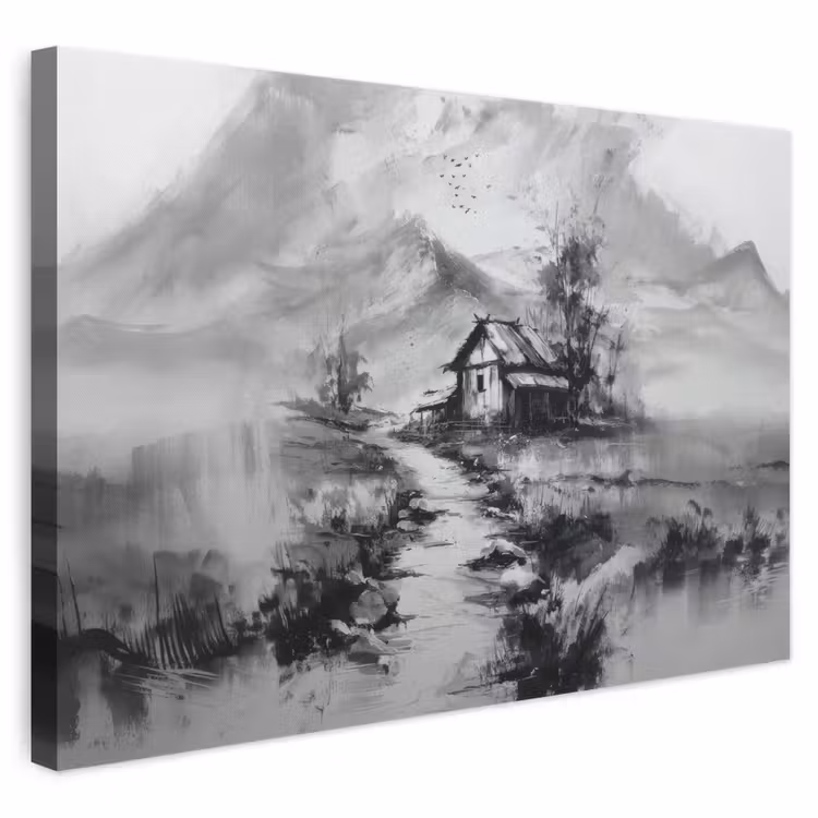 Leinwandbild - Hütte - Grau - Berge - Neblig — 1