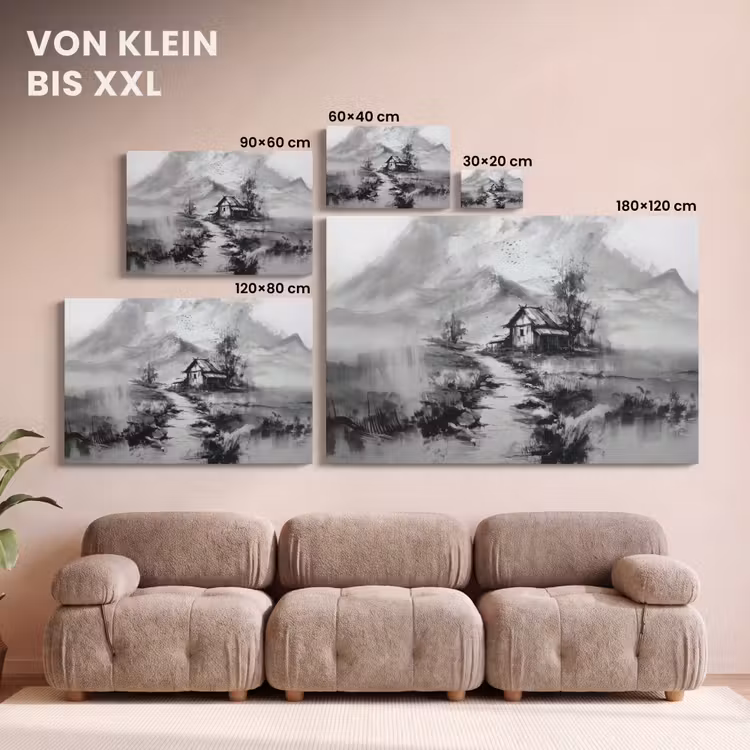 Leinwandbild - Hütte - Grau - Berge - Neblig — 6