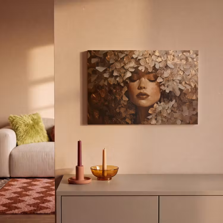 Leinwandbild - Gesicht - Dame - Blätter - Pinselstriche — 2
