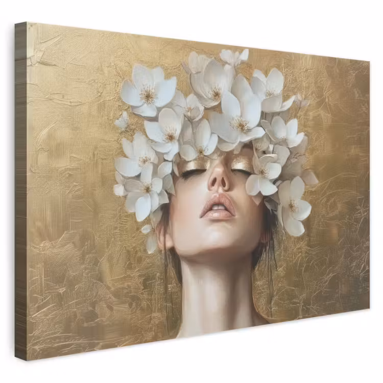 Leinwandbild - Gesicht - Blumen - Gold - Abstrakt — 1