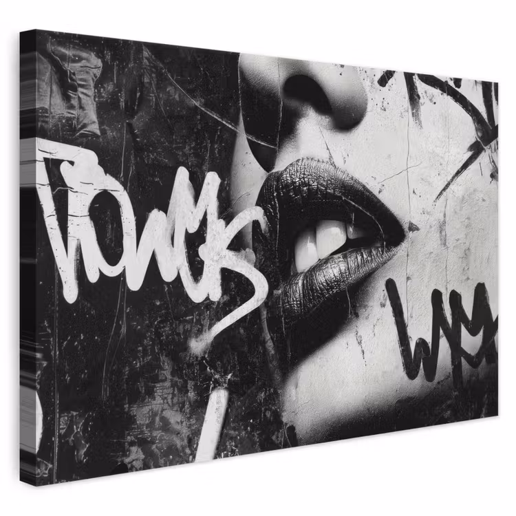 Leinwandbild - Gesicht - Mund - Graffiti - Schwarz — 1