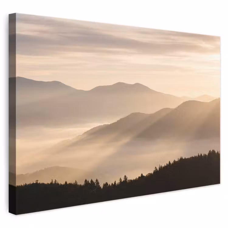 Leinwandbild - Berge - Nebel - Sonnenstrahlen — 1