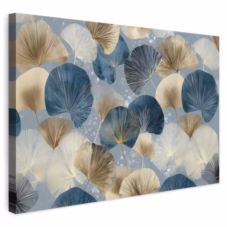 Leinwandbild - Blätter - Abstrakt - Gold - Blau — 1