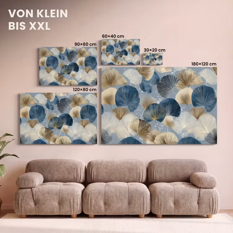 Leinwandbild - Blätter - Abstrakt - Gold - Blau — 6