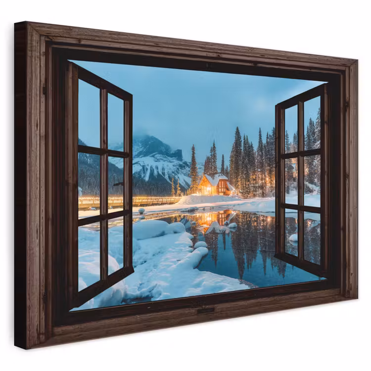 Leinwandbild - Durchblick - Winter - Landschaft - Natur - Haus - Berge — 1