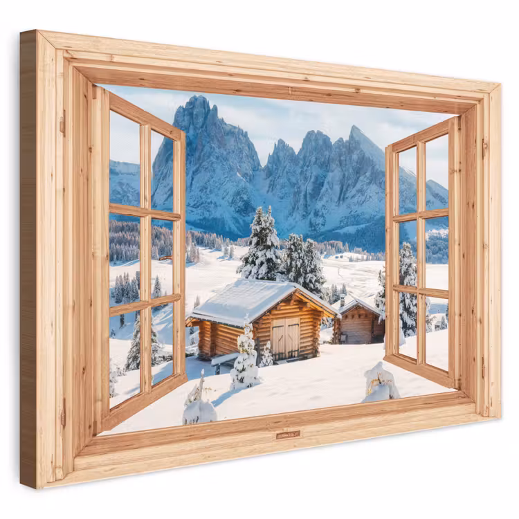 Leinwandbild - Durchblick - Winterlandschaft - Hütte - Berge - Aussicht — 1
