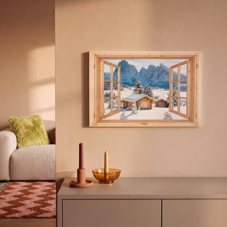 Leinwandbild - Durchblick - Winterlandschaft - Hütte - Berge - Aussicht — 2