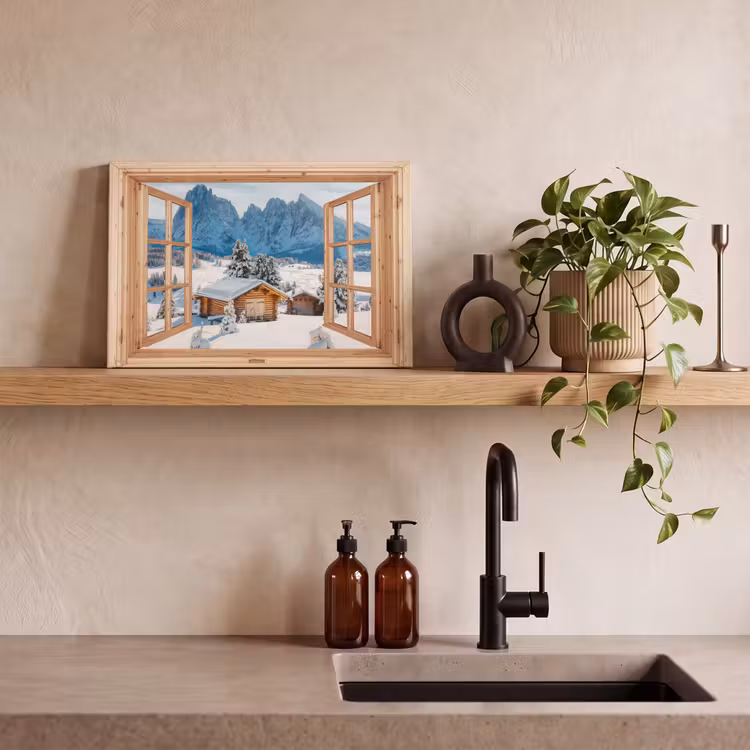 Leinwandbild - Durchblick - Winterlandschaft - Hütte - Berge - Aussicht — 3