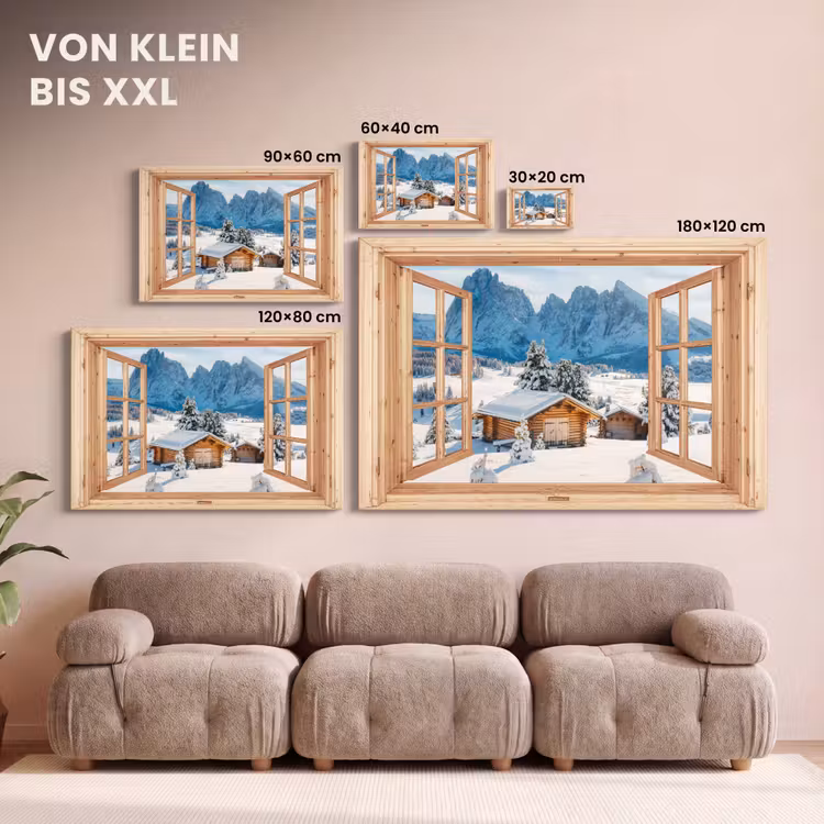 Leinwandbild - Durchblick - Winterlandschaft - Hütte - Berge - Aussicht — 6
