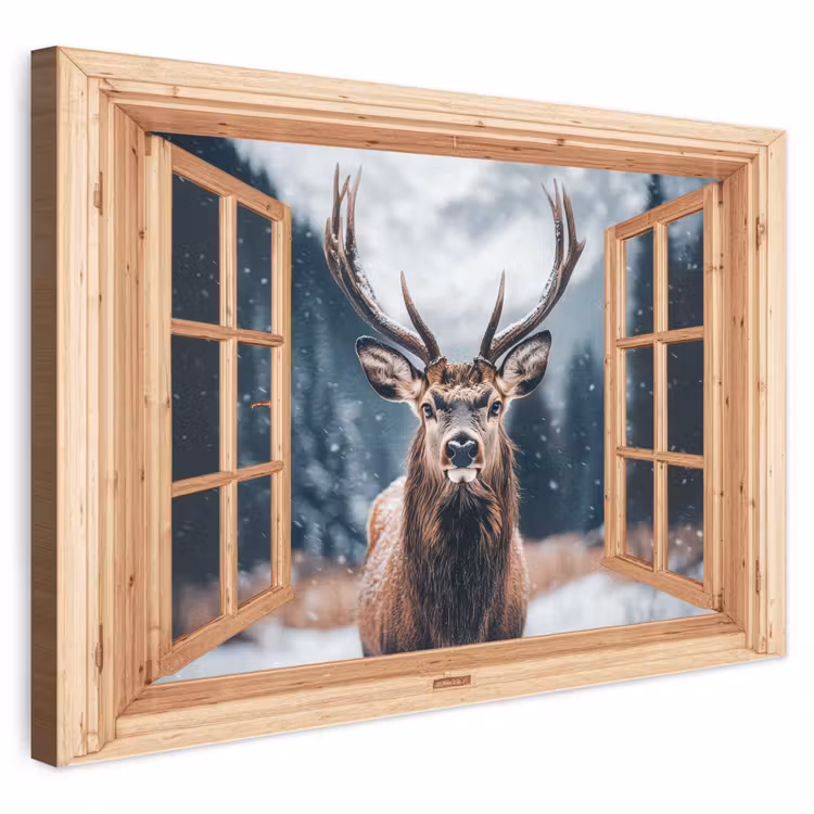 Leinwandbild - Durchblick - Hirsche - Tiere - Winterlandschaft - Schnee — 1