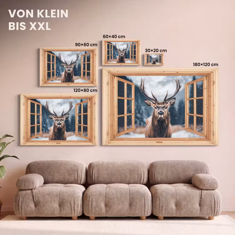 Leinwandbild - Durchblick - Hirsche - Tiere - Winterlandschaft - Schnee — 6