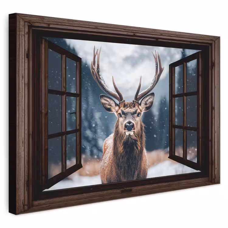 Leinwandbild - Durchsichtig - Hirsche - Tiere - Landschaft - Winter - Schnee - Ländlich — 1