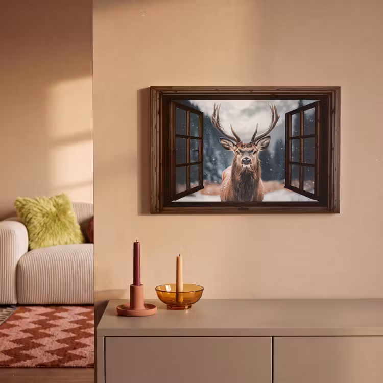 Leinwandbild - Durchsichtig - Hirsche - Tiere - Landschaft - Winter - Schnee - Ländlich — 2