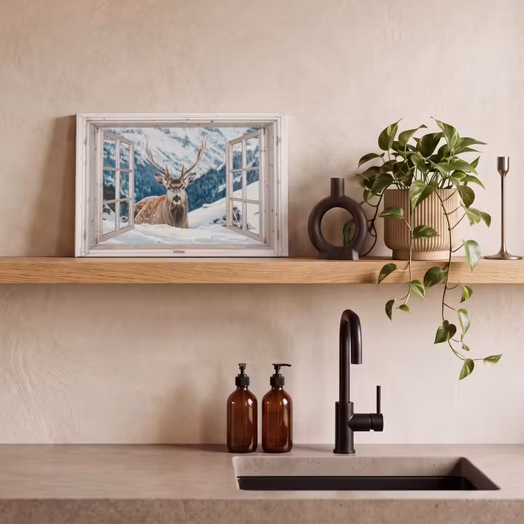 Leinwandbild - Hirsche - Winterlandschaft - Natur - Tiere - Ansichten - Berge — 3
