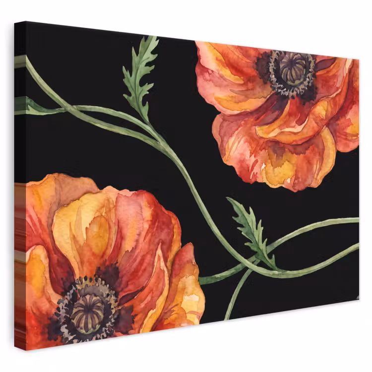 Leinwandbild - Blumen – Aquarell – Schwarz — 1
