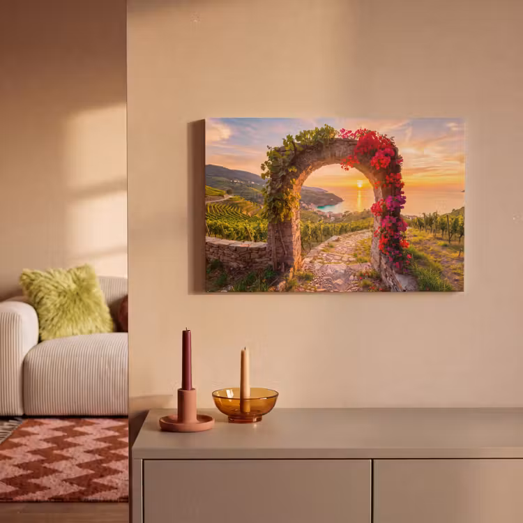 Leinwandbild - Bogen – Sonnenuntergang – Küste — 2