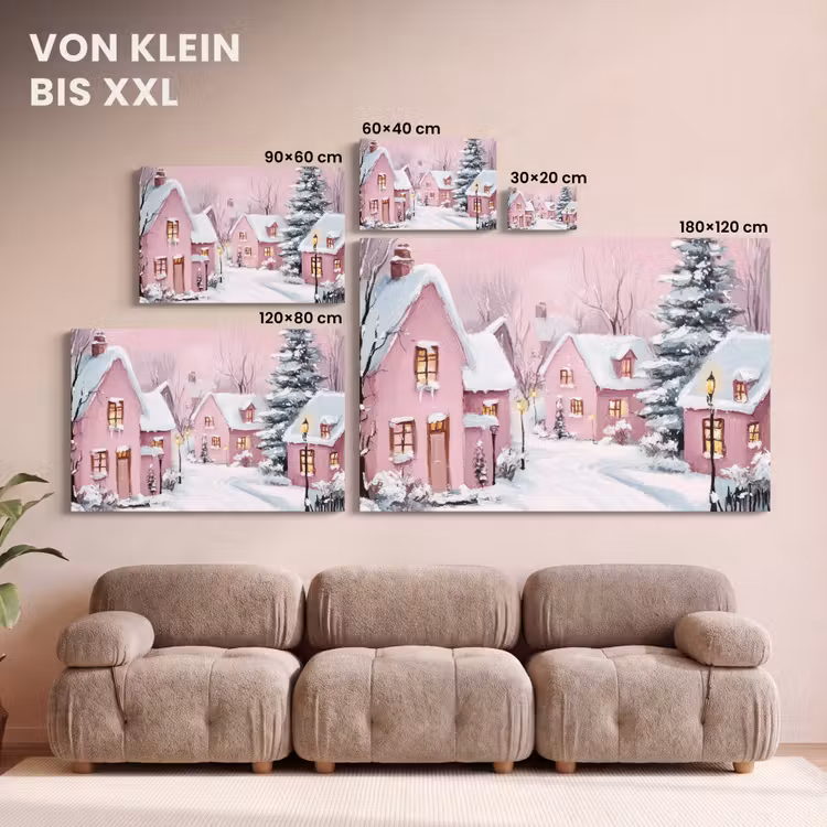 Leinwandbild - Weihnachtsdorf - Rosa - Winter - Schnee - Häuser — 6