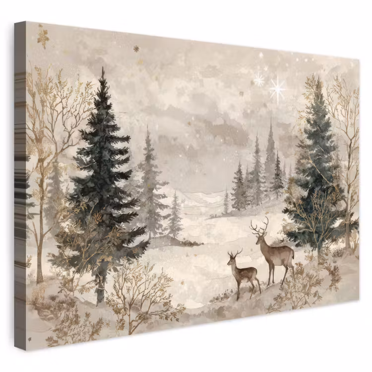 Leinwandbild - Wald - Hirsche - Winter - Schnee — 1
