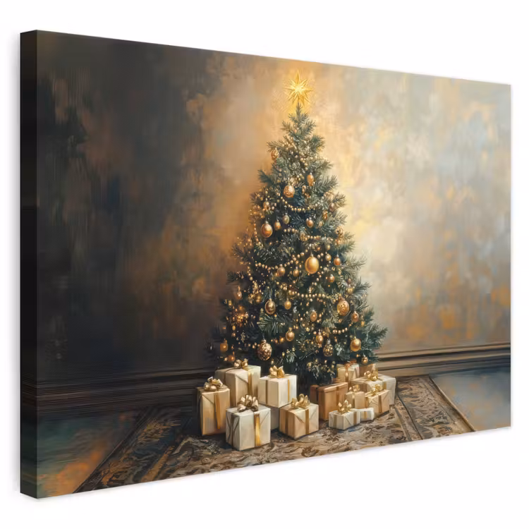 Leinwandbild - Weihnachtsbaum - Geschenke - Gold — 1