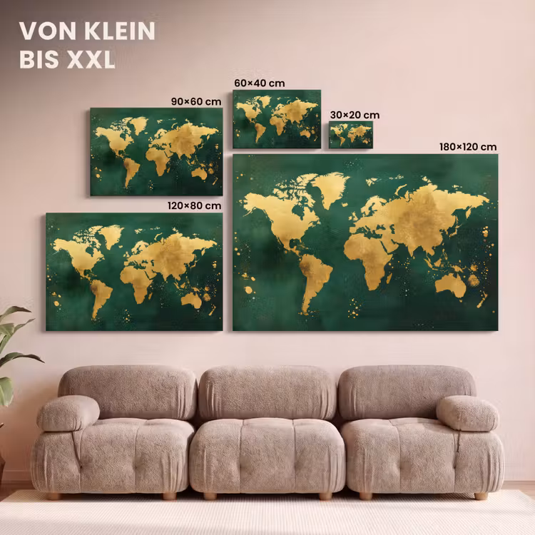 Leinwandbild - Weltkarte - Grün - Gold — 6